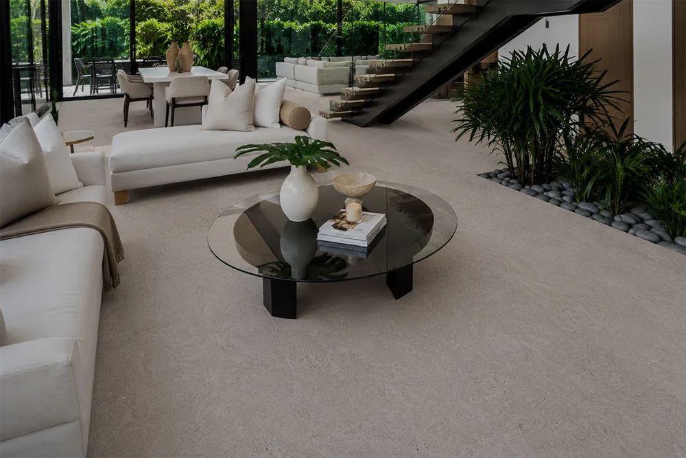 Porto Mist - 7/16&Quot; (11Mm) - Swiss Real Cork Floating (Fpm11) Porto Mist Swiss Real Cork Floating Flooring In A Luxury Open Concept Living Room With Panoramic Windows