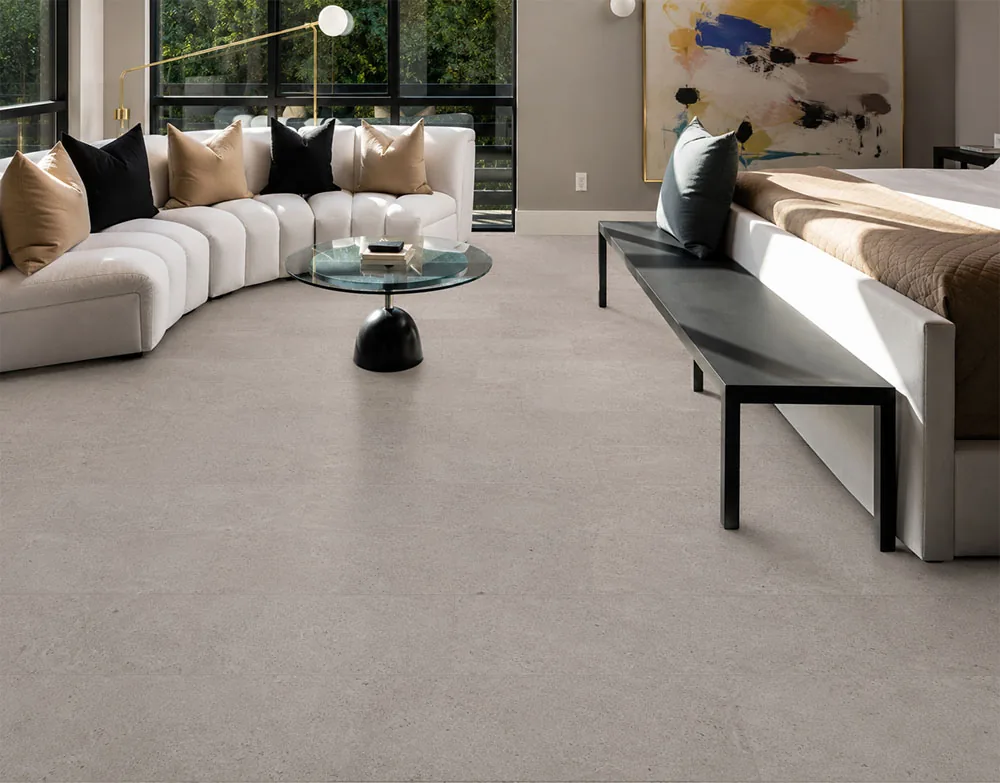 Porto Mist - 7/16&Quot; (11Mm) - Swiss Real Cork Floating (Fpm11) Porto Mist Swiss Real Cork Floating Flooring In A Luxury Bedroom With Natural Cork Flooring
