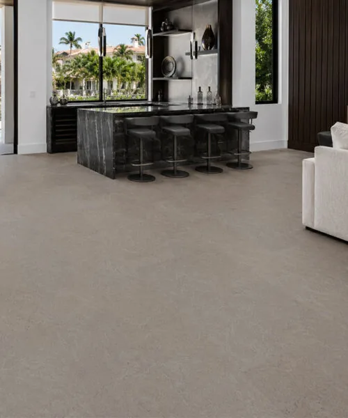 Porto Mist - 7/16&Quot; (11Mm) - Swiss Real Cork Floating (Fpm11) Porto Mist Swiss Real Cork Floating Flooring In A Modern Poolside Living Room With Floor-To-Ceiling Windows