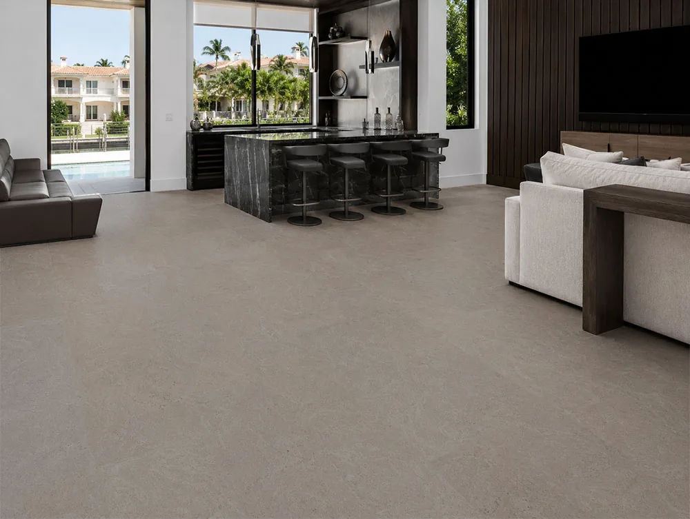 Porto Mist - 7/16&Quot; (11Mm) - Swiss Real Cork Floating (Fpm11) Porto Mist Swiss Real Cork Floating Flooring In A Modern Poolside Living Room With Floor-To-Ceiling Windows