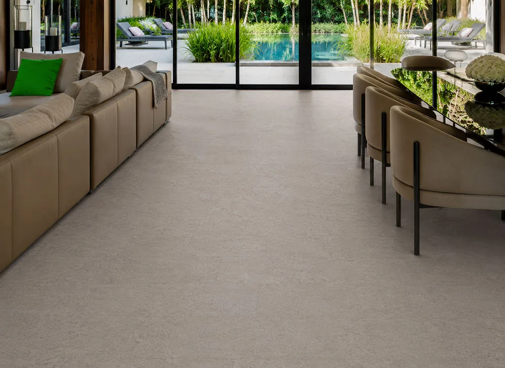 Porto Mist - 7/16&Quot; (11Mm) - Swiss Real Cork Floating (Fpm11) Porto Mist Swiss Real Cork Floating Flooring In A Contemporary Living Room And Kitchen Open Floor Plan