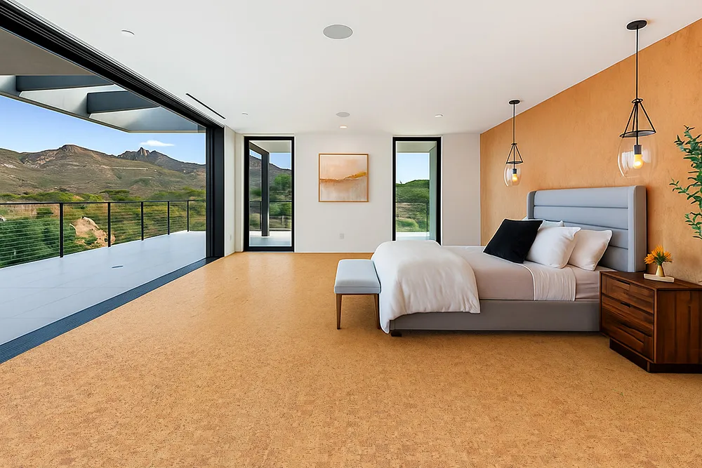 Serene Bedroom With Large Windows And Mountain Views, Featuring Quodro Swiss Cork Flooring And Warm Accent Wall.