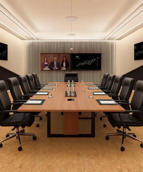 Professional Conference Room With Leather Chairs And Oak Table Over Quodro Swiss Cork Flooring In Natural Tone.