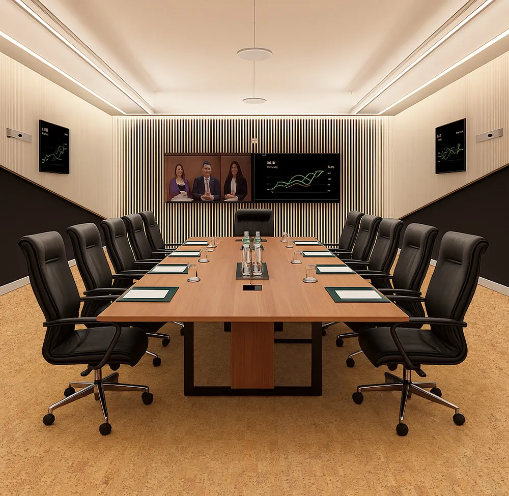 Professional Conference Room With Leather Chairs And Oak Table Over Quodro Swiss Cork Flooring In Natural Tone.