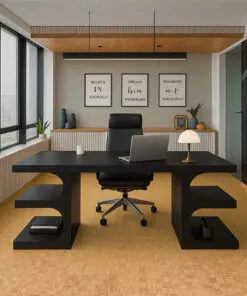Modern Executive Home Office With Black Desk, Large Windows, And Quodro Swiss Cork Flooring For A Comfortable Workspace.