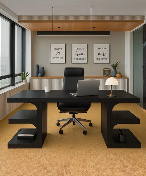 Modern Executive Home Office With Black Desk, Large Windows, And Quodro Swiss Cork Flooring For A Comfortable Workspace.