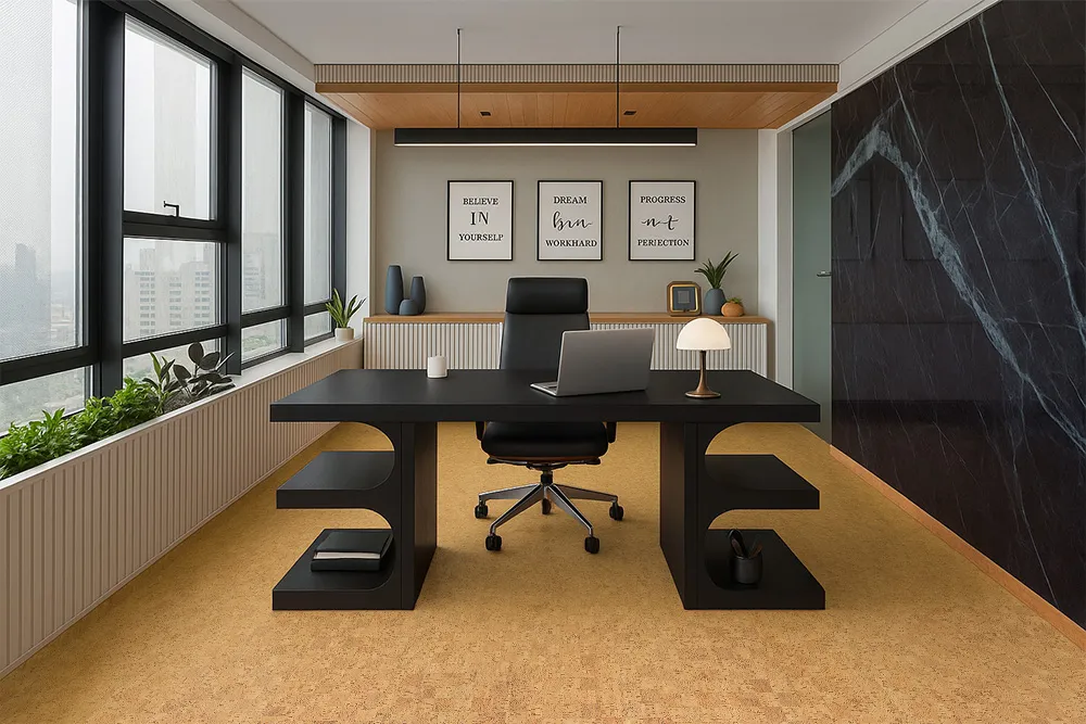 Modern Executive Home Office With Black Desk, Large Windows, And Quodro Swiss Cork Flooring For A Comfortable Workspace.