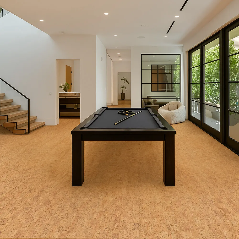 Spacious Game Room With Pool Table And Large Windows Highlighting The Rich Texture Of Quodro Swiss Cork Flooring.