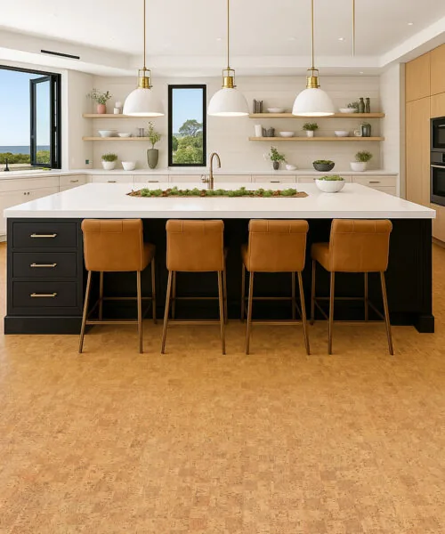 Bright modern kitchen with center island and bar stools set on Quodro Swiss cork flooring in honey-beige tones.