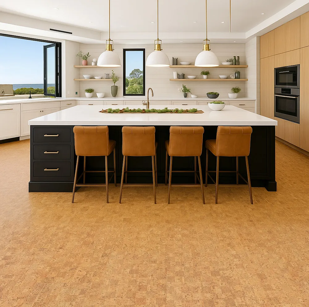 Bright Modern Kitchen With Center Island And Bar Stools Set On Quodro Swiss Cork Flooring In Honey-Beige Tones.