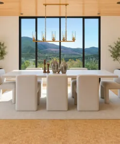 Quadro-B - 7/16” (11Mm) - Swiss Real Cork Floating (Fquab11) Elegant Dining Room With Panoramic Mountain View Featuring Warm Quodro Swiss Cork Flooring And Minimalist White Furniture.