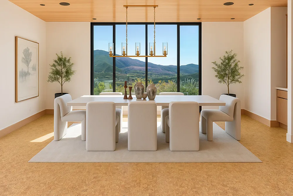 Elegant Dining Room With Panoramic Mountain View Featuring Warm Quodro Swiss Cork Flooring And Minimalist White Furniture.