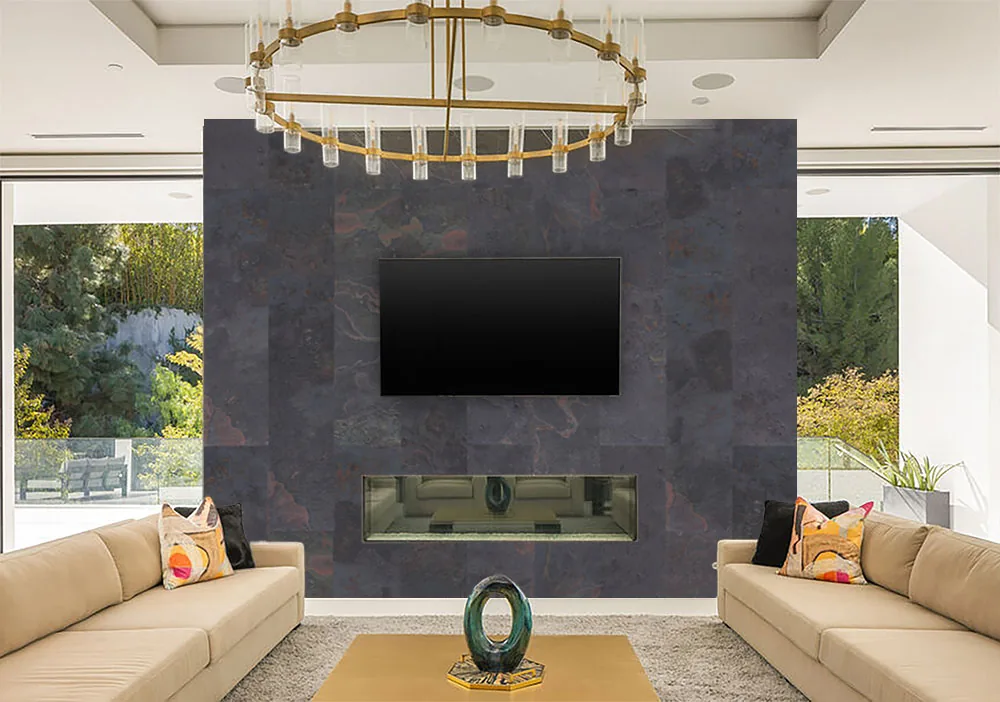 Rainbow Slate - 7/16&Quot; (11Mm) - Swiss Real Stone (Rrain11) Rainbow Slate Real Stone Flooring – Modern Living Room Feature Wall With Fireplace