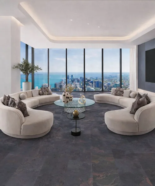 Rainbow Slate - 7/16&Quot; (11Mm) - Swiss Real Stone (Rrain11) Rainbow Slate Real Stone Flooring – Luxury Living Room With Ocean View And Curved Sofa