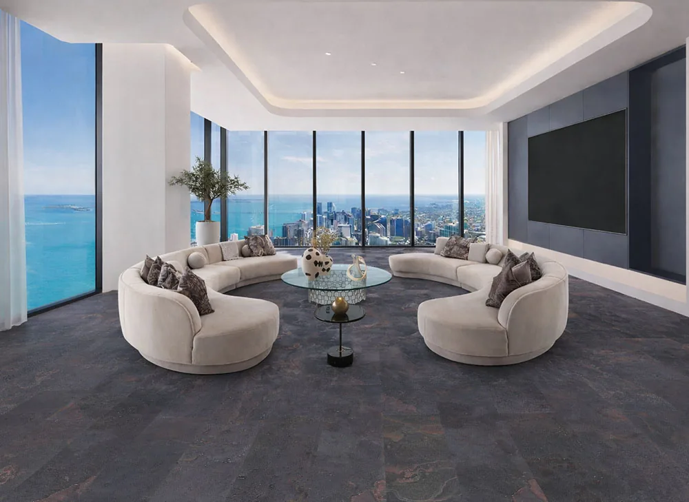 Rainbow Slate - 7/16&Quot; (11Mm) - Swiss Real Stone (Rrain11) Rainbow Slate Real Stone Flooring – Luxury Living Room With Ocean View And Curved Sofa