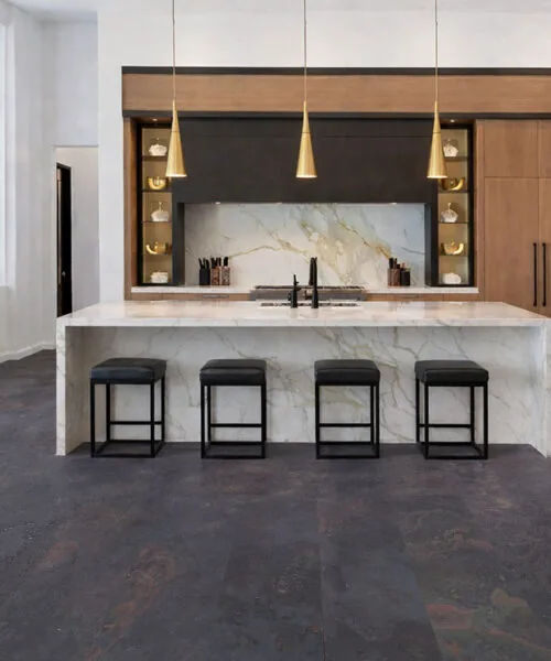 Rainbow Slate Real Stone Flooring – Modern Kitchen Interior with Marble Island