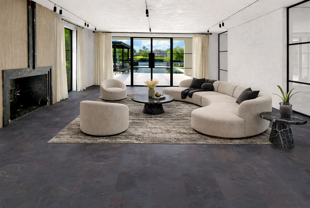 Rainbow Slate - 7/16&Quot; (11Mm) - Swiss Real Stone (Rrain11) Rainbow Slate Real Stone Flooring – Luxury Living Room With Modern Seating And Scenic View