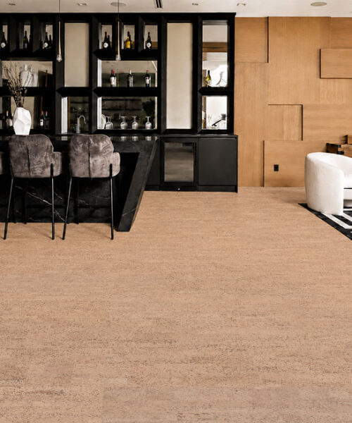 Rhythm – 7/16″ (11Mm) – Swiss Real Cork Floating (Frhy11) Rhythm Swiss Real Cork Floating Flooring Complements A Home Bar With Dark Cabinetry And Lounge Furniture.