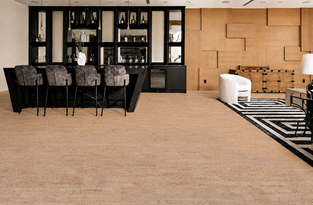 Rhythm – 7/16″ (11Mm) – Swiss Real Cork Floating (Frhy11) Rhythm Swiss Real Cork Floating Flooring Complements A Home Bar With Dark Cabinetry And Lounge Furniture.
