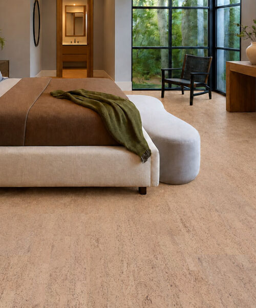 Rhythm – 7/16″ (11Mm) – Swiss Real Cork Floating (Frhy11) Light Rhythm Cork Flooring For A Bedroom Surrounds An Upholstered Bed Beside Large Forest-Facing Windows.