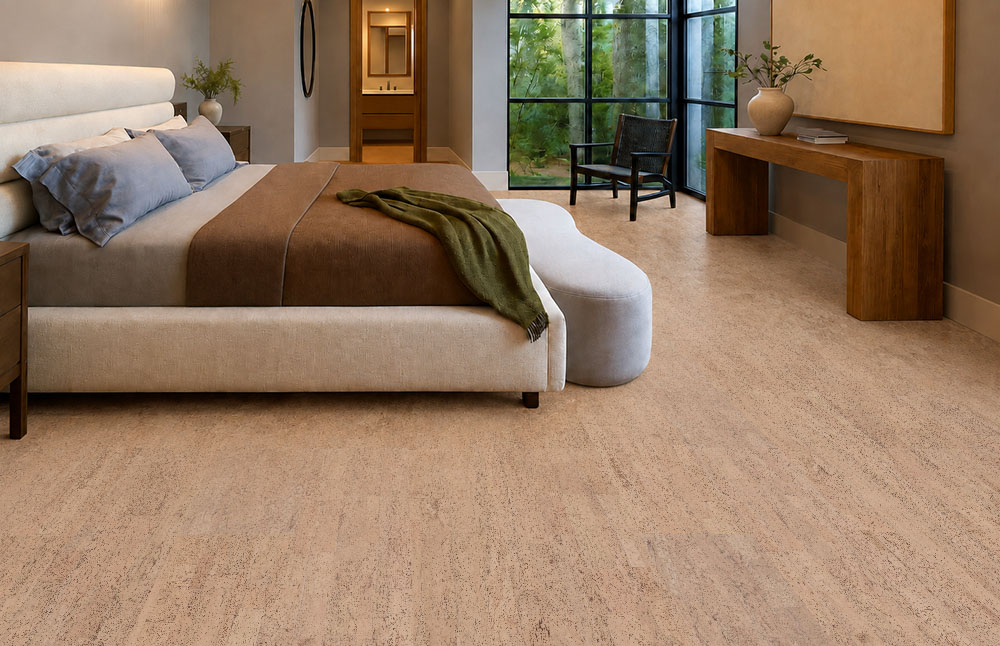 Rhythm – 7/16″ (11Mm) – Swiss Real Cork Floating (Frhy11) Light Rhythm Cork Flooring For A Bedroom Surrounds An Upholstered Bed Beside Large Forest-Facing Windows.