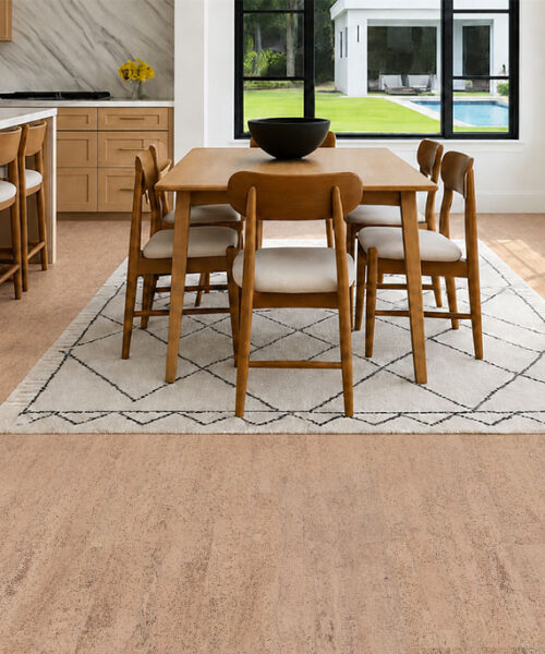 Rhythm – 7/16″ (11Mm) – Swiss Real Cork Floating (Frhy11) Rhythm Natural Cork Flooring Connects A Wood-Accented Kitchen And Dining Area Overlooking A Pool.