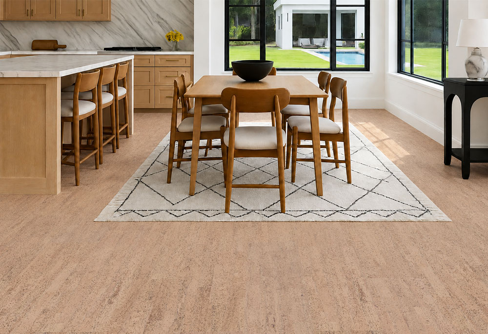 Rhythm – 7/16″ (11Mm) – Swiss Real Cork Floating (Frhy11) Rhythm Natural Cork Flooring Connects A Wood-Accented Kitchen And Dining Area Overlooking A Pool.