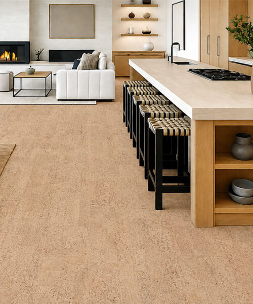Rhythm – 7/16″ (11Mm) – Swiss Real Cork Floating (Frhy11) Rhythm Sustainable Flooring Flows Through An Open-Concept Kitchen, Dining Area, And Living Room With Fireplace.