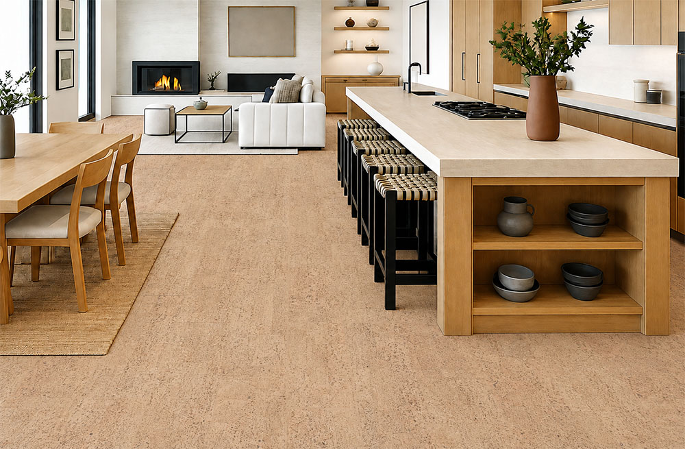 Rhythm – 7/16″ (11Mm) – Swiss Real Cork Floating (Frhy11) Rhythm Sustainable Flooring Flows Through An Open-Concept Kitchen, Dining Area, And Living Room With Fireplace.