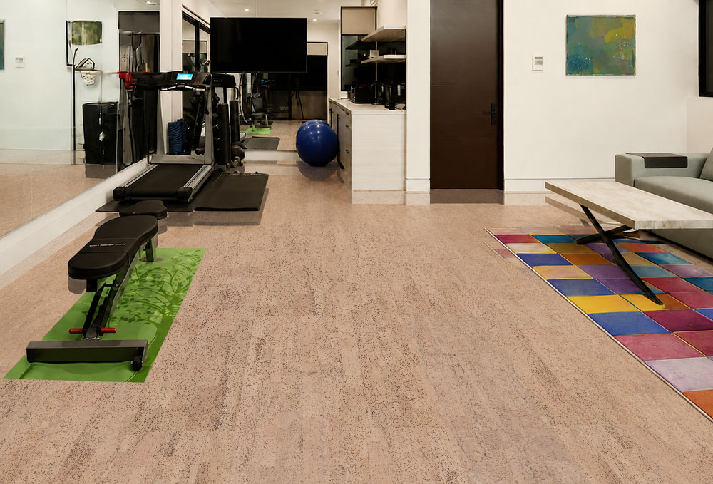 Rhythm – 7/16″ (11Mm) – Swiss Real Cork Floating (Frhy11) Light Beige Rhythm Swiss Real Cork Floating Flooring Spans A Home Gym With Treadmill And Weight Bench.