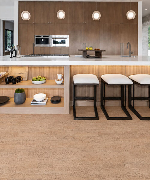Rhythm – 7/16″ (11Mm) – Swiss Real Cork Floating (Frhy11) Rhythm Natural Cork Flooring With Linear Texture Surrounds A Kitchen Island With Four Bar Stools.