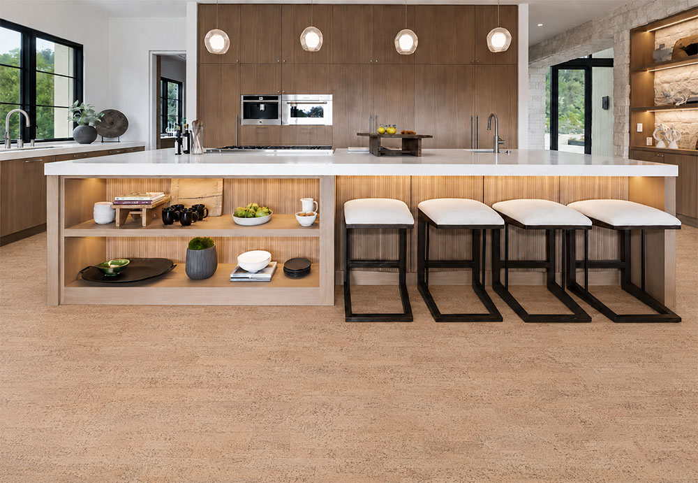 Rhythm – 7/16″ (11Mm) – Swiss Real Cork Floating (Frhy11) Rhythm Natural Cork Flooring With Linear Texture Surrounds A Kitchen Island With Four Bar Stools.