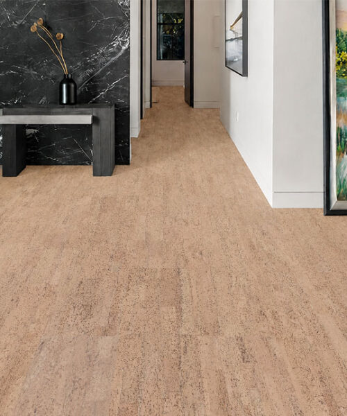Rhythm – 7/16″ (11Mm) – Swiss Real Cork Floating (Frhy11) Rhythm Cork Floor Planks Create A Light Linear Pattern In A Hallway With Black Marble Accents.