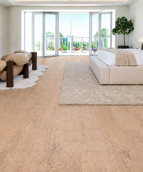 Rhythm – 7/16″ (11Mm) – Swiss Real Cork Floating (Frhy11) Rhythm Comfortable Cork Flooring Covers A Bright Bedroom With An Upholstered Bed And Modern Fireplace.