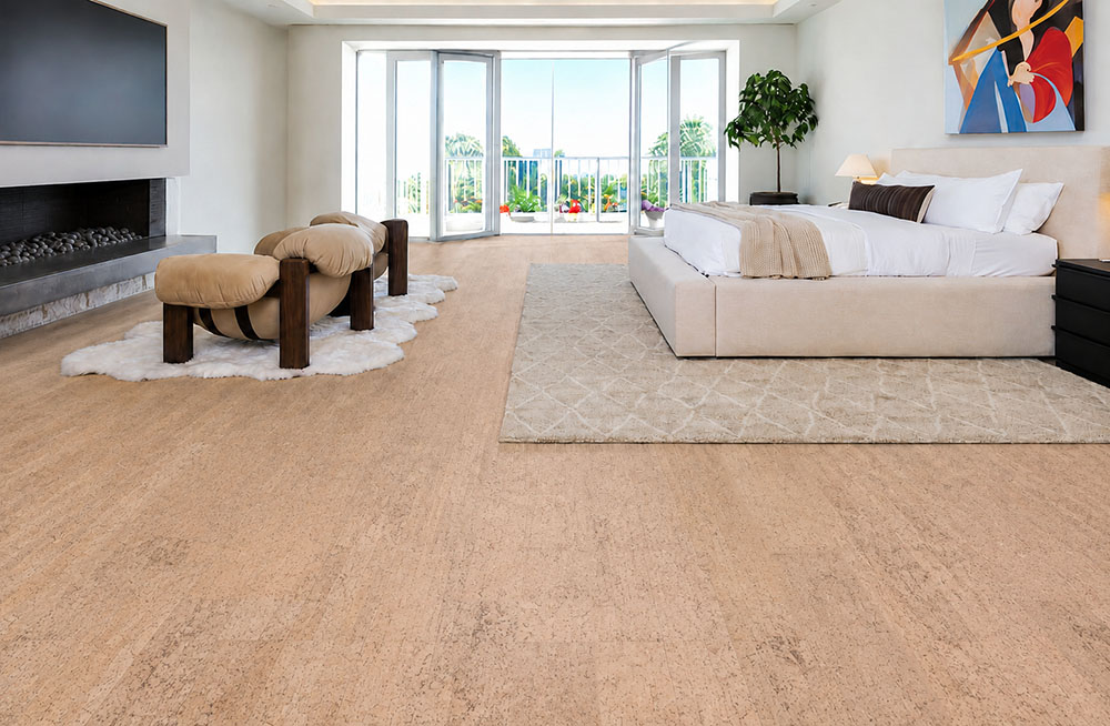 Rhythm – 7/16″ (11Mm) – Swiss Real Cork Floating (Frhy11) Rhythm Comfortable Cork Flooring Covers A Bright Bedroom With An Upholstered Bed And Modern Fireplace.