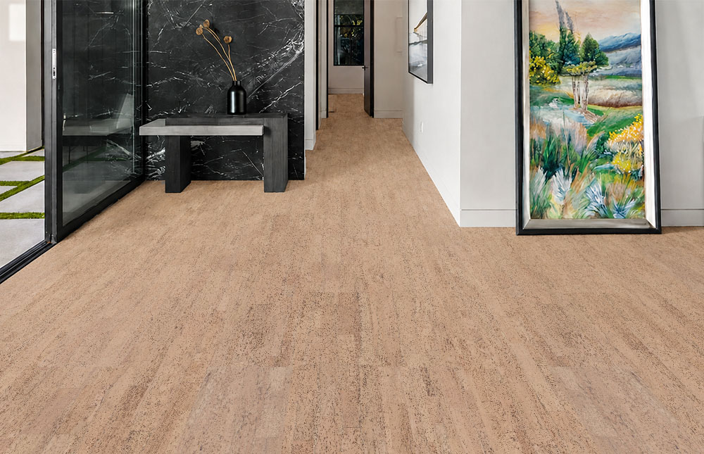 Rhythm – 7/16″ (11Mm) – Swiss Real Cork Floating (Frhy11) Rhythm Cork Floor Planks Create A Light Linear Pattern In A Hallway With Black Marble Accents.