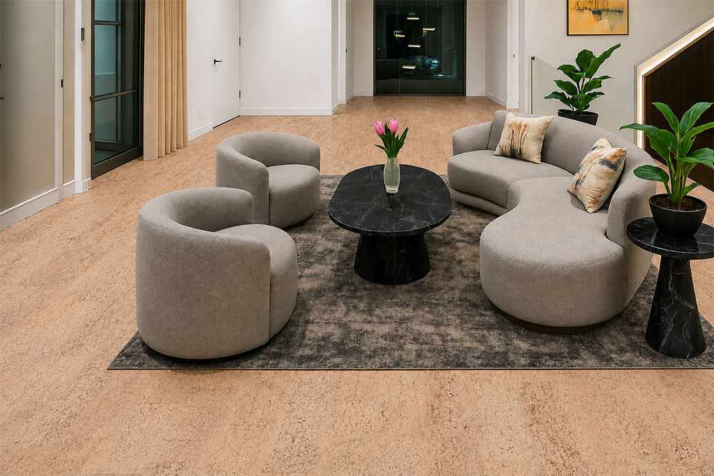 Rhythm – 7/16″ (11Mm) – Swiss Real Cork Floating (Frhy11) Rhythm Eco-Friendly Cork Flooring Surrounds Curved Gray Seating, Black Marble Tables, And Indoor Plants.