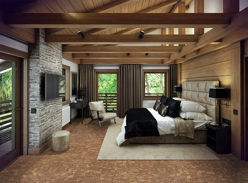 Cork Material Properties - Eco-Friendly, Acoustic Insulation Rocky Bush Forna Cork Floor Cozy Bedroom Iattic Chalet Interior Wood Natural Materials