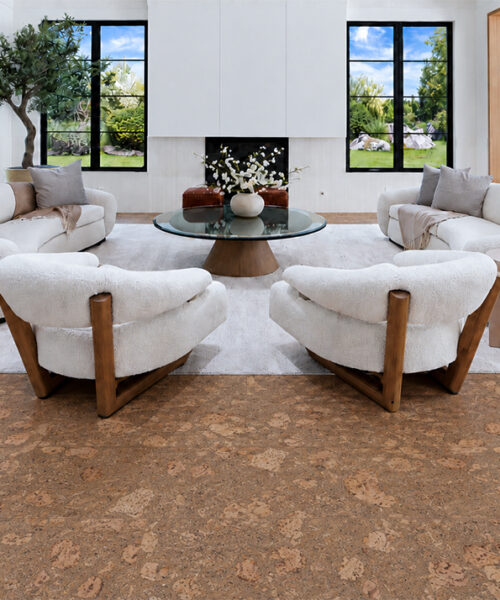 Rococo - 1/2&Quot; (12Mm) - Cork Floating (Froco12) Rococo 12Mm Amber-Beige Natural Cork Flooring Surrounds Curved Cream Seating In A Bright Living Room.