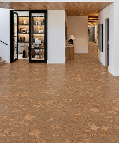 Rococo - 1/2&Quot; (12Mm) - Cork Floating (Froco12) Rococo 12Mm Amber-Beige Floating Cork Flooring Spans A Modern Entryway With A Glass-Enclosed Office.