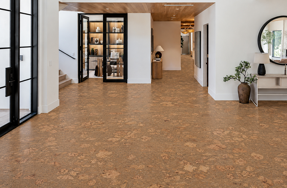 Rococo - 1/2&Quot; (12Mm) - Cork Floating (Froco12) Rococo 12Mm Amber-Beige Floating Cork Flooring Spans A Modern Entryway With A Glass-Enclosed Office.