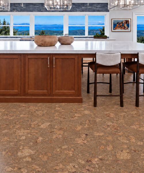 Rococo - 1/2&Quot; (12Mm) - Cork Floating (Froco12) Rococo 12Mm Amber-Brown Cork Floor Planks Complement A Mountain-View Kitchen With A Wood Island.