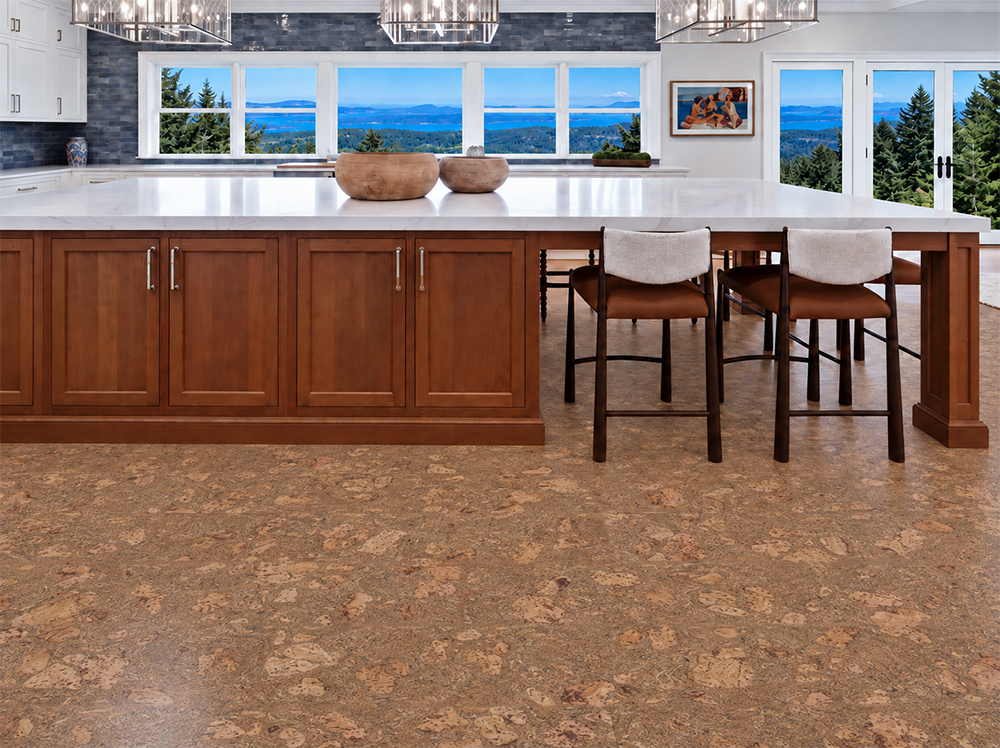 Rococo - 1/2&Quot; (12Mm) - Cork Floating (Froco12) Rococo 12Mm Amber-Brown Cork Floor Planks Complement A Mountain-View Kitchen With A Wood Island.