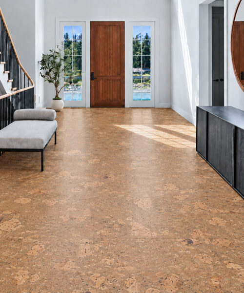 Rococo - 1/2&Quot; (12Mm) - Cork Floating (Froco12) Rococo 12Mm Natural Cork Flooring Covers A Bright Stair Landing With A Bench And Round Mirror.