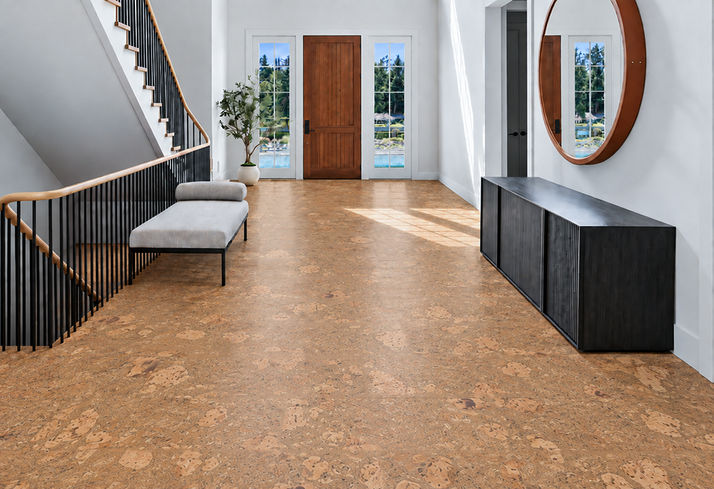 Rococo - 1/2&Quot; (12Mm) - Cork Floating (Froco12) Rococo 12Mm Natural Cork Flooring Covers A Bright Stair Landing With A Bench And Round Mirror.