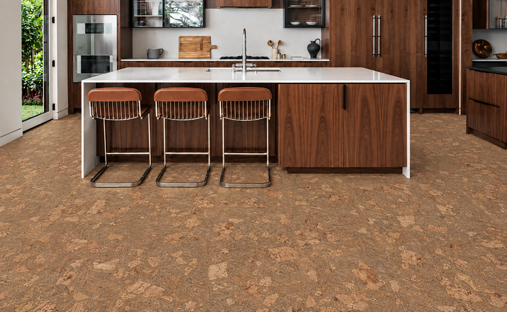 Rococo - 1/2&Quot; (12Mm) - Cork Floating (Froco12) Rococo 12Mm Amber-Brown Floating Cork Flooring Complements Walnut Cabinetry And A White Kitchen Island.