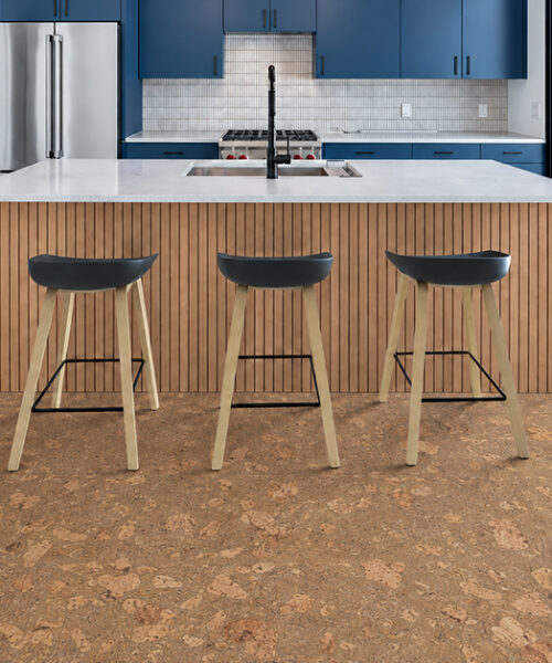 Rococo - 1/2&Quot; (12Mm) - Cork Floating (Froco12) Rococo 12Mm Caramel-Beige Cork Flooring With Swirling Texture Grounds A Blue Kitchen With Slatted Island.