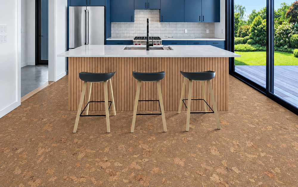 Rococo - 1/2&Quot; (12Mm) - Cork Floating (Froco12) Rococo 12Mm Caramel-Beige Cork Flooring With Swirling Texture Grounds A Blue Kitchen With Slatted Island.