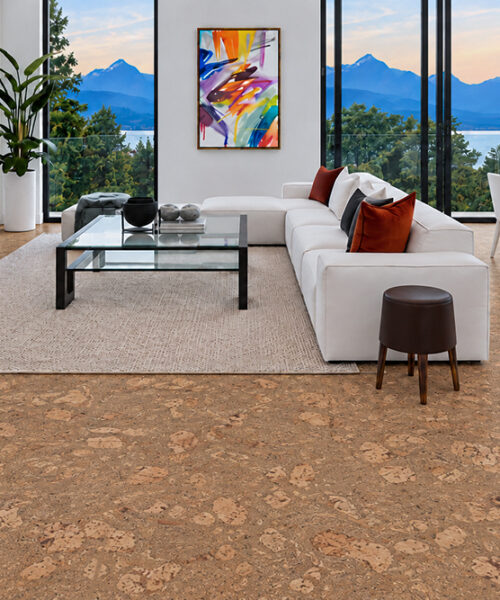 Rococo - 1/2&Quot; (12Mm) - Cork Floating (Froco12) Rococo Caramel-Brown Natural Cork Flooring Spans A Mountain-View Living And Dining Room With White Furniture.