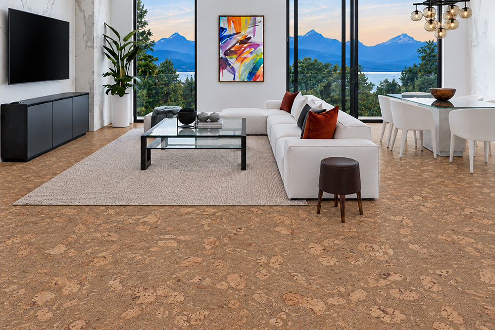 Rococo - 1/2&Quot; (12Mm) - Cork Floating (Froco12) Rococo Caramel-Brown Natural Cork Flooring Spans A Mountain-View Living And Dining Room With White Furniture.